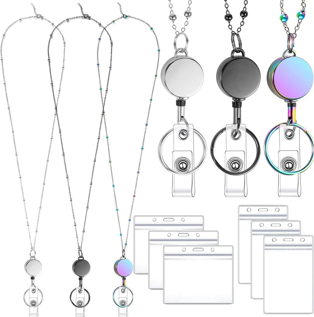 Lanyards for Id Badges 3 Pack Badge Lanyard with 6 Pcs Id Badge Holder Retractable Stainless Steel Teacher Lanyard Cruise Ship Lanyards for Girl Women (Black, Silver, Bright Blue)