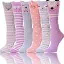 ANTSANG Kids Girls Knee High Socks Long Boot Crazy Silly Fun Gift Cute Tall Animal Socks for Child 6 Pairs (3-12 Years, Grey/Purple/Pink)
