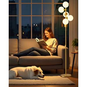 Lightdot Dimmable Globe Floor Lamp Mid Century Modern Floor Lamp with 5Pcs 3000K Bulbs Included Brightness Adjustable Gold Standing Lamps for Living Room Bedroom/Sofa Beside/Corner Decor