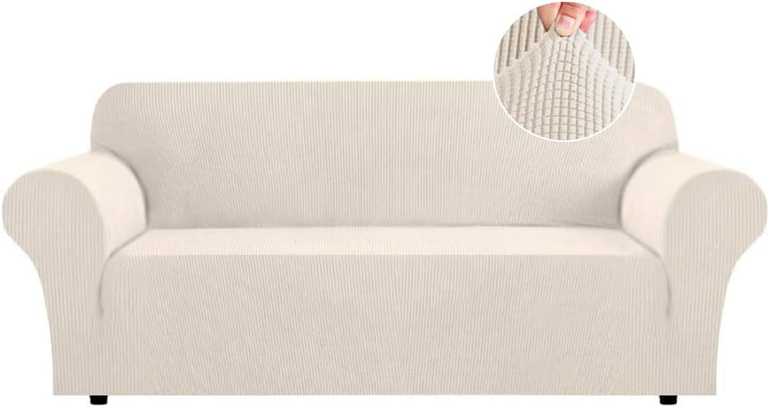 Flamingo P High Stretch Sofa Slipcover Non Slip Couch Cover for 3 Cushion Couch Washable Pet Furniture Protector Covers with Elastic Bottom, Thick Jacquard Fabric (Large, Biscotti Beige)
