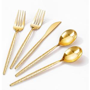 Rubtlamp 90Pcs Gold Plastic Silverware, Gold Disposable Utensils, Hammered Plastic Silverware, Gold Plastic Forks And Spoons Set Include 30 Forks, 30 Knives,30 Spoons For Daily Use