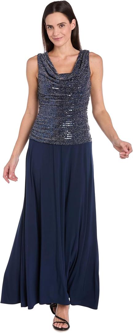 R&M Richards Women's Plus Size Evening Shimmer Maxi Gown, Navy/ Silver