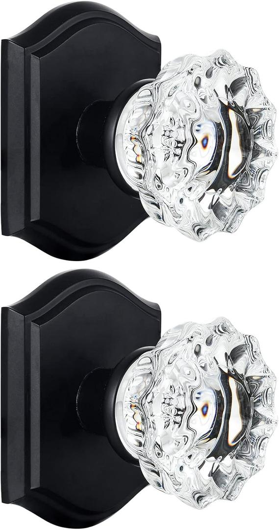 2 Pack Glass Dummy Door Knobs, Antique Inactive Crystal Half-Dummy Door Knobs for Hall and Closet, Matte Black