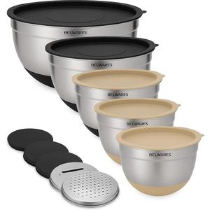 Mixing Bowls with Lids Set of 5 - Stainless Steel Nesting Bowls with Non-Slip Silicone Bottoms, Airtight Lids and 3 Grater Attachments - Kitchen Baking Bowls for Food Prep (Ships in Black or Khaki)