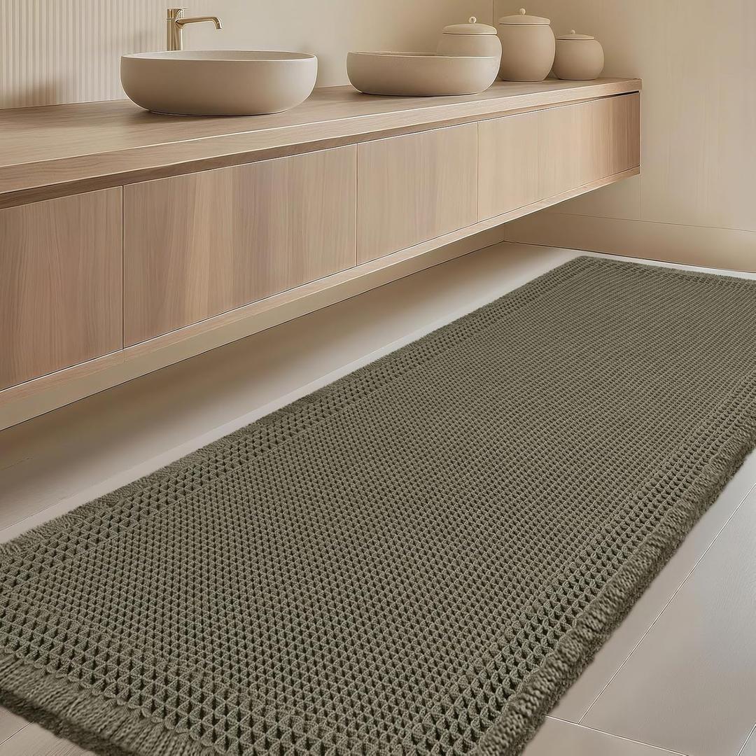 Extra Large Waffle Bath Mat, Boho Woven Modern Bath Rug Absorbent Non Slip, Ultra Soft Bathroom Mats, Machine Washable Knit Bath Rugs with Border for Bathroom, Bedroom, Kitchen, 5'x2', Olive Green