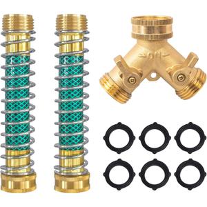 Hourleey 2 Way Hose Splitter, 3/4" Brass Hose Y Splitter with 2 PCS Garden Hose Extension Hose Coiled Spring Protectors and 6 Rubber Washers