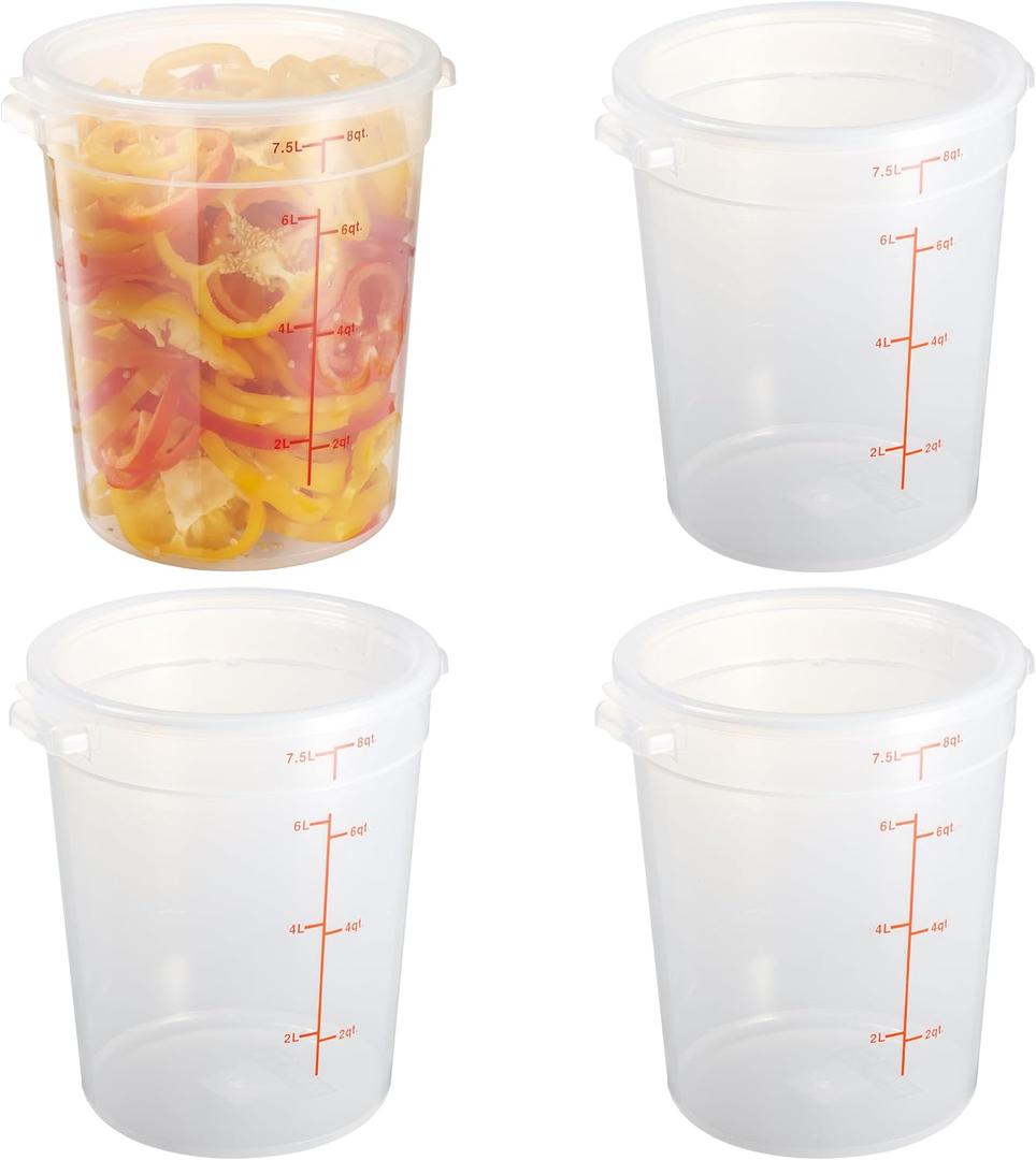8 Quart Translucent Round Food Storage Container with Lid, Pack of 4 – NSF Listed, BPA-Free, Commercial-Grade Polypropylene, Freezer & Dishwasher Safe, Non-Stick, Easy-Read Graduations, 10 inches x 10.9 inches