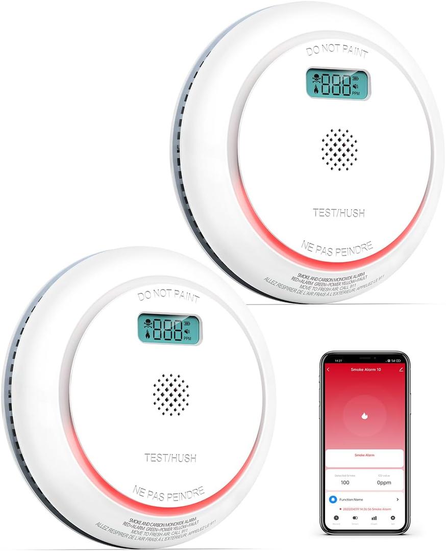 SITERWELL WiFi Smoke Detector, Smart Smoke and Carbon Monoxide Detector with LCD Display, 2.4G WiFi Smoke Detector and Carbon Monoxide Detector Combo Conforms to UL 217 & UL 2034 Standards, 2 Pack