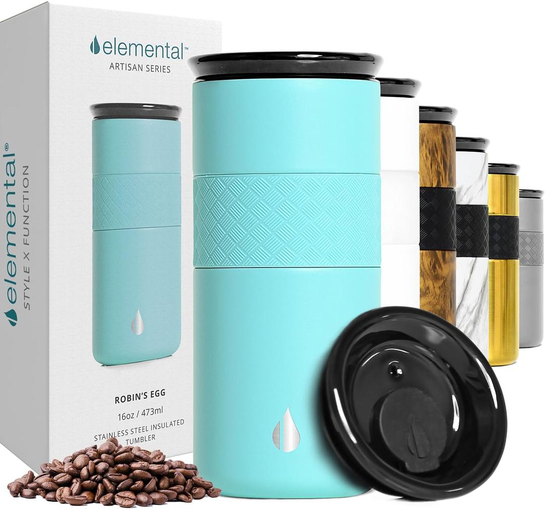 Elemental Artisan Insulated Tumbler, Triple Wall Coffee Travel Mug, Reusable Stainless Steel Coffee Tumbler with Ceramic Lid, Thermal Coffee Cups for Hot (6 Hrs) & Cold (18 Hrs), 16oz - Robin's Egg Elemental Artisan Insulated Tumbler, Triple Wall Coffee Travel Mug, Reusable Stainless Steel Coffee Tumbler with Ceramic Lid, Thermal Coffee Cups for Hot (6 Hrs) & Cold (18 Hrs), 16oz - Robin's Egg