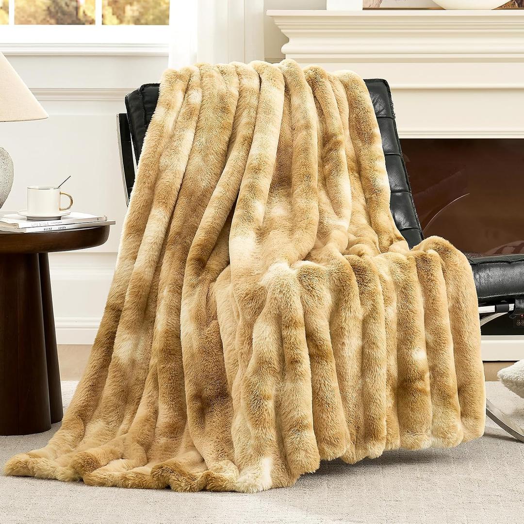 Cozy Bliss Faux Fur Throw Blanket for Couch, Fuzzy Soft Plush Thick Striped Blanket for Sofa Bedroom Living Room, 50 * 60 Inches Tie-dye Khaki