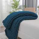 Bigacogo Chunky Knit Throw Blanket for Couch, 40x60 inches, 100% Hand Knitted with Thick Jumbo Chenille Yarn, Cozy Soft Large Rope Knot Cable Crochet Blankets for Sofa Bed Living Room, Deep Sea Blue