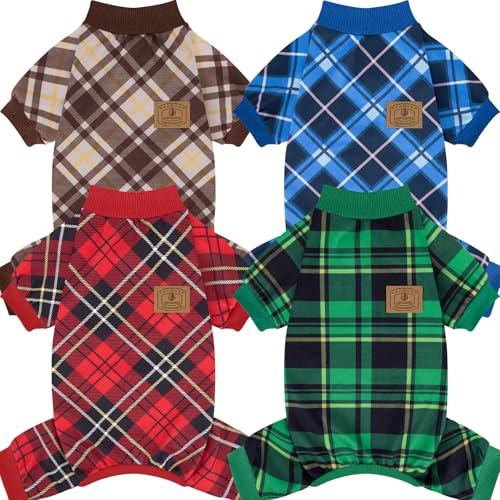 XPUDAC 4 Pack Dog Pajamas Plaid Dog Clothes for Small Medium Dogs Girl Boy Comfy Puppy Onesie Pet Christmas Outfit Cat Pjs Jammies, L