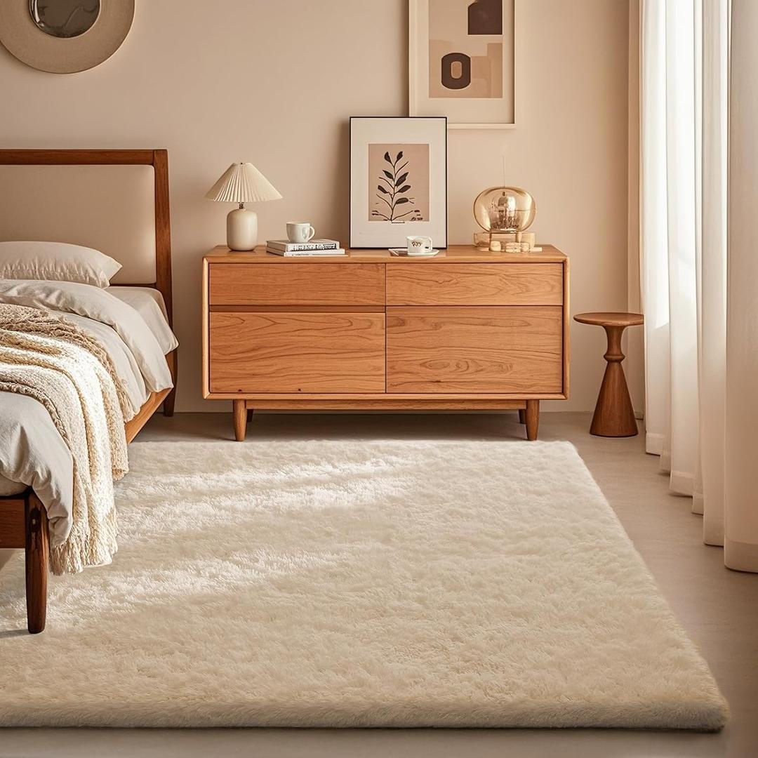 Ophanie Ivory Rugs for Bedroom Living Room, Fluffy Fuzzy Furry Carpet, Plush Soft Shaggy Bedside Indoor Floor 4x6 Cream Area Rug for Kids Girls Boys Baby Teen Dorm Nursery Home Decor Aesthetic (4' x 6', 3- Ivory)
