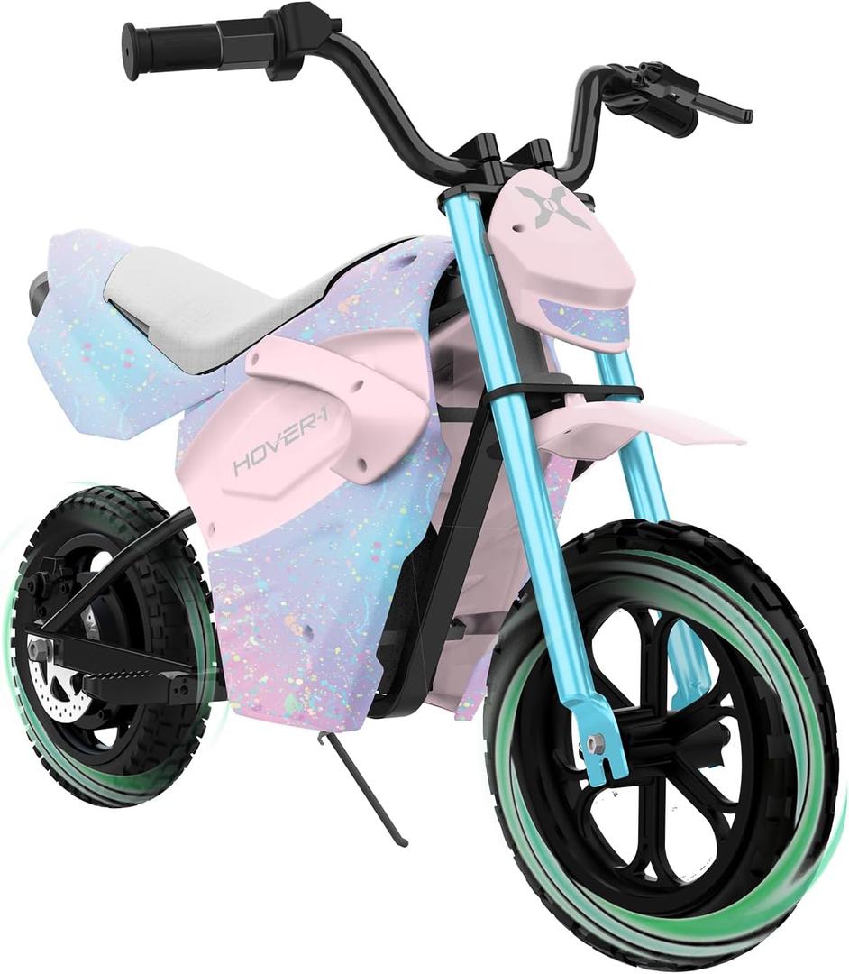 Hover-1 My First Dirt Bike for Kids - 300W Motor, 9MPH Max Speed, 9 Mile Range, 12 Off-Road Tires, 120LB Max Weight, Twist Grip Throttle & Rear Disc Brake Electric Dirt Bike for Kids Ages 5+ Years (Pink Spots)