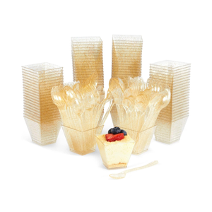 BLUE PANDA 200 Pack Gold Glitter Square Dessert Cups with Spoons, 100 Disposable Mini Dessert Shooter Cups with 100 Spoons for Party Events, Appetizers, Tasting Party, Snacks, Parfait (2 oz)
