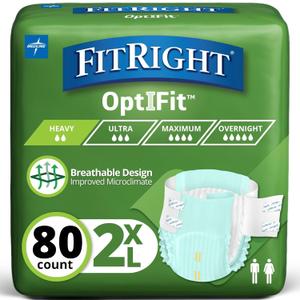FitRight Adult Diapers, Extra Heavy Absorbency, 2XL (Waist Size 60in-70in), 80 Count, OptiFit Incontinence Briefs for Men and Women, Disposable, Moisture Wicking, Leak Protection,