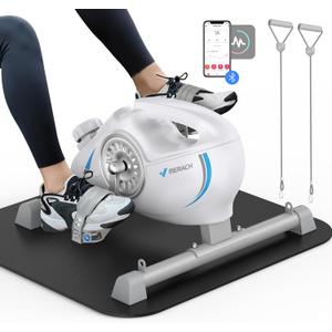 Under Desk Bike Pedal Exerciser, Quiet Magnetic Mini Exercise Bike with MERACH App for Arm, Leg Recovery, Physical Therapy, Smooth Foot Desk Cycle with 2 Resistance Bands & Non-Slip Mat (White & Blue)