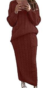 CHARTOU Women's Winter Chunky Cable Knit Long Skirt 2 Piece Outfit Sweater Sets (XX-Large, Wine Red)