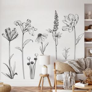 Large Boho Black Flower Wall Decals Simple Sketch Wildflower Floral Wall Stickers for Girls Bedroom Living Room Bathroom Office Adult Home Decor