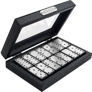 Bucher&Rossini Metal Surface Dominoes Set Double 6 - Classic Black Domino's Game Set with Silver Metal Surface Dominos Set for Adults and Kids Ideal Gift for Domino Players or Family Game Night