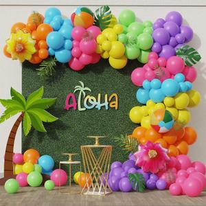 Summer Pool Party Balloon Garland Arch Kit, 148pcs Hot Pink Orange Rainbow Balloons with Flower Foil Balloons Beach Balls for Hawaiian Beach Party Supplies Tropical Luau Pool Party Decorations