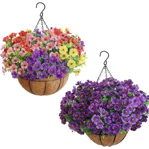 Artificial Hanging Plants Flowers with Basket 2 Packs, Artificial Hanging Flowers for Outdoors, Faux Hanging Plants Outdoor, Blue Fake Flowers, Yellow+Purple+Pink+Red&Purple