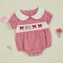 MoZiKQin Baby Girl 4th of July Outfit American Flag Embroidery Bubble Romper Plaid Smocked Jumpsuit Cute Summer Clothes (Red)