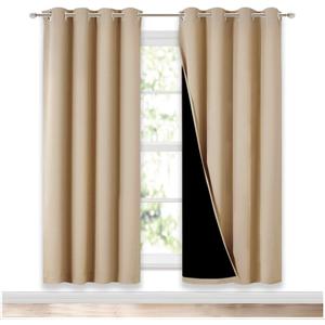 NICETOWN Living Room Completely Shaded Draperies, Privacy Protection & Noise Reducing Ring Top Drapes, Black Lined Insulated Window Treatment Curtain Panels (Biscotti Beige, 2 Pieces, W52 x L72)