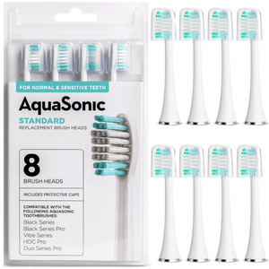 AquaSonic Genuine Standard Replacement Brush Heads | ADA Accepted | for Normal & Sensitive Teeth | Compatible with Many AquaSonic Toothbrush Handles (8 Pack White)