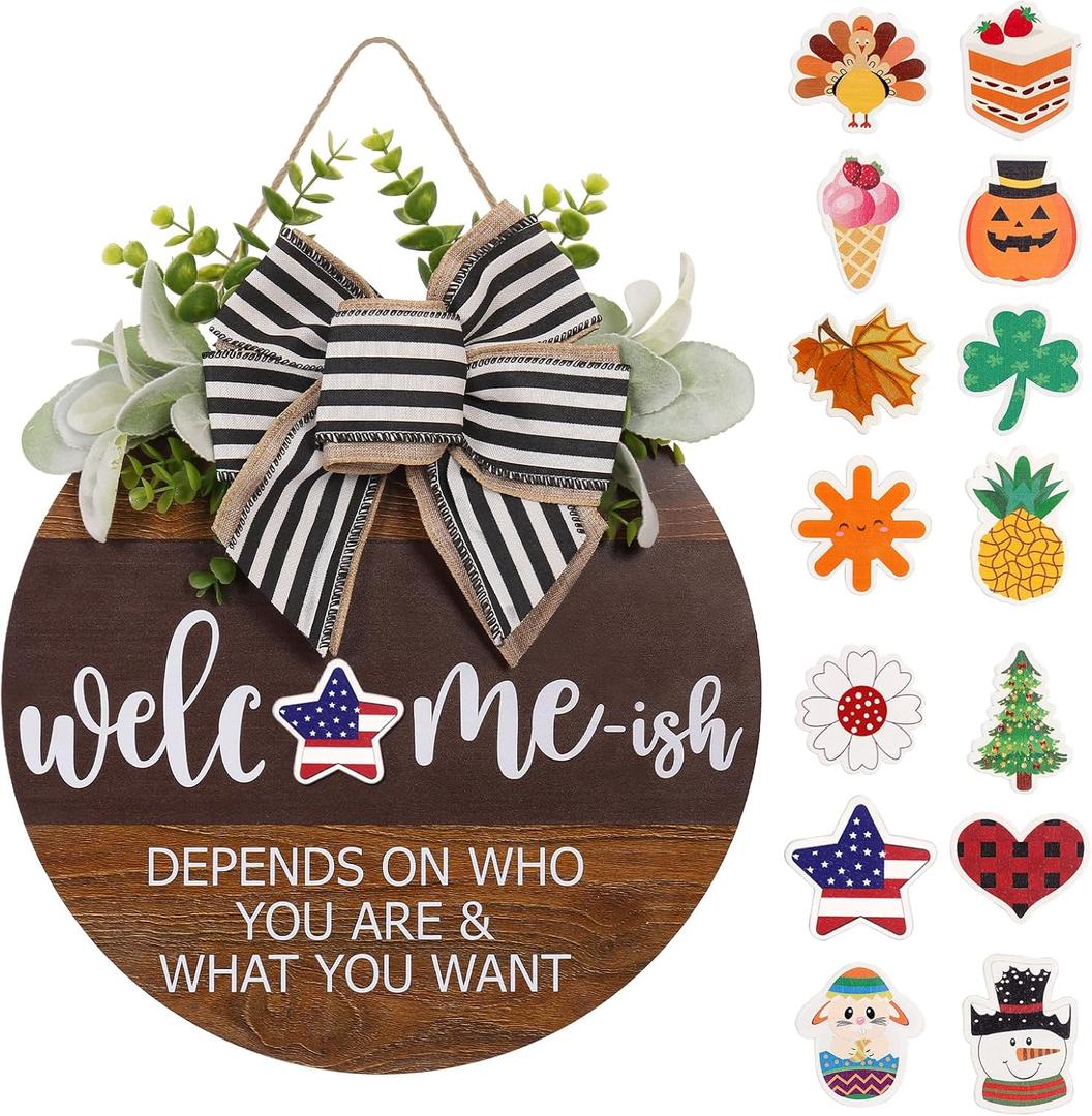 Interchangeable Seasonal Welcome Sign for Front Door, Rustic Round Wood Wreath for Front Door Hanging Decorations, for Spring Summer Fall Halloween Christmas Farmhouse Outdoor Home Wall Decor (12Inch)