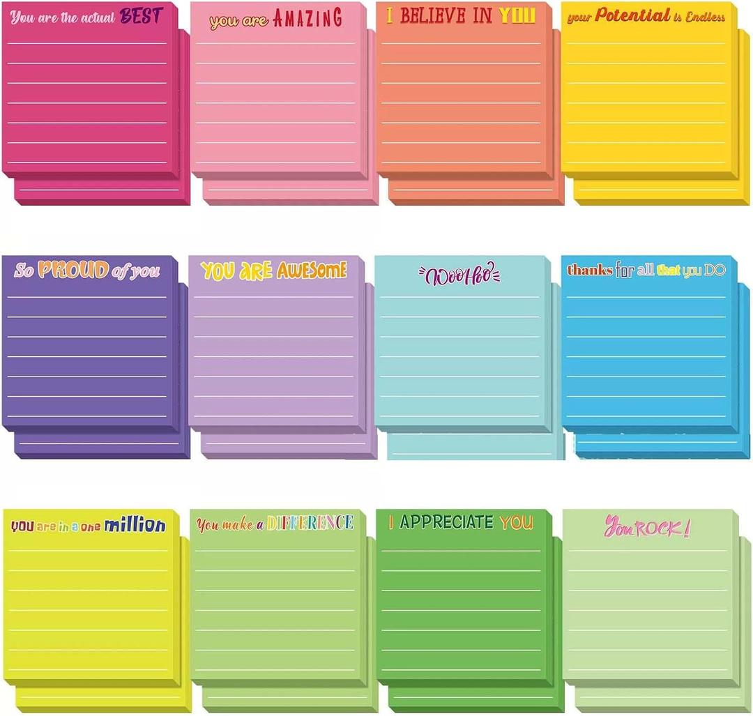 24 Pcs Inspirational Sticky Notes with Lines 3 x 3 Inch Positive Affirmation Mental Health Self Sticky Pads Employee Appreciation Gifts Bulk for Teacher Nurse Coworkers Office Work Studying Supplies