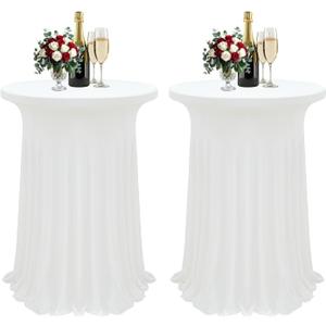 2Pack White Cocktail Table Tablecloth 32"x 43" Table Skirt Spandex Round Cocktail Table Cover with Wavy Drapes Fitted High Top Covers for Wedding Party Banquet