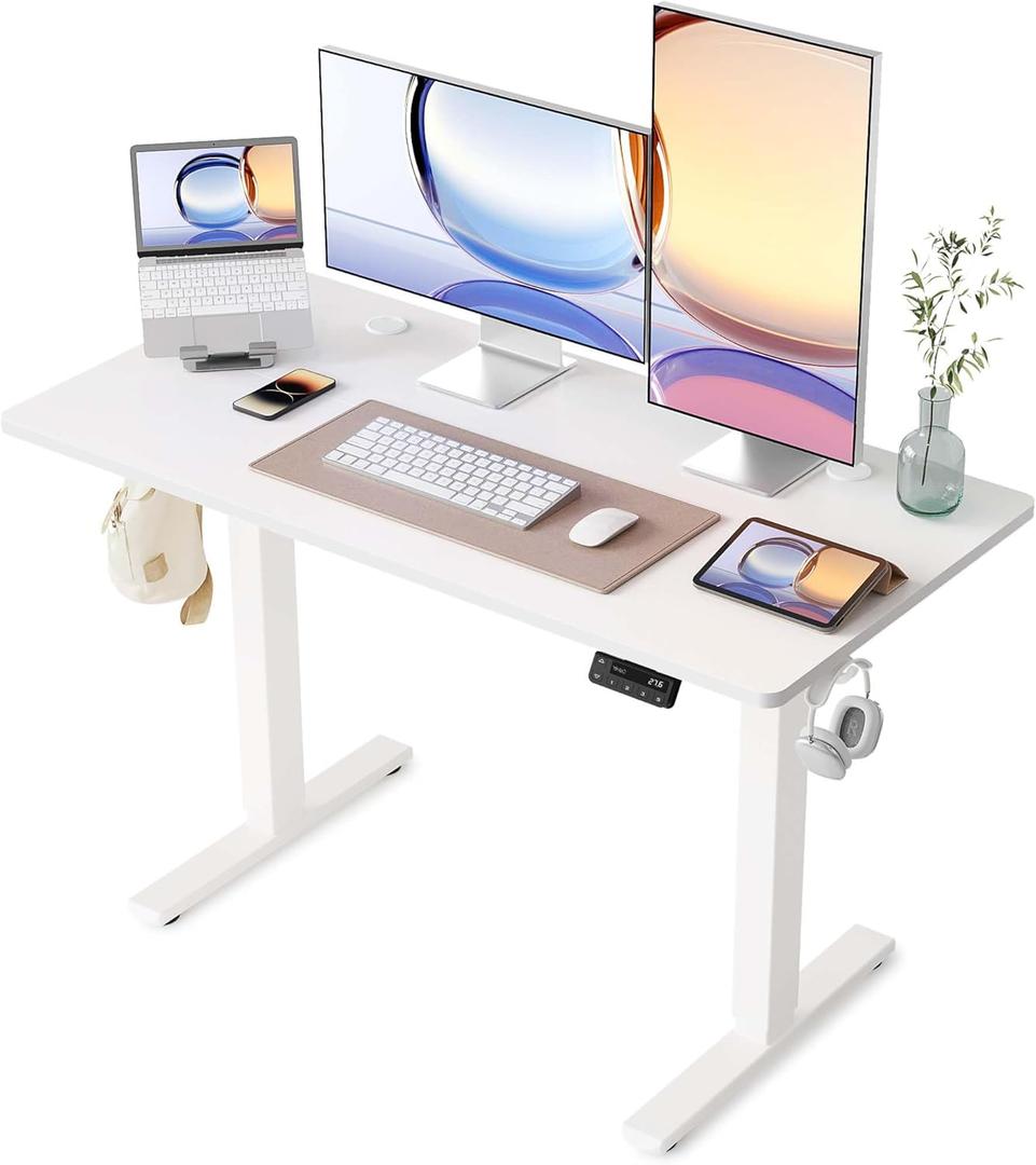 YIHAYO Electric Standing Desk, 48 x 24 Inches Stand Up Desk with Splice Board, Adjustable Height Desk, Computer Desk for Home Office, White Frame/White Top