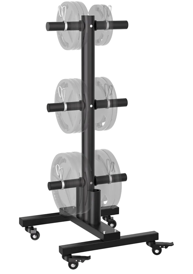Movable Weight Plate Rack, Heavy Duty Olympic Plate Rack for 1 or 2-Inch Plates with 2 Barbell Holders, Bumper Plate Storage with Locking Wheels for Garage, Home Gym