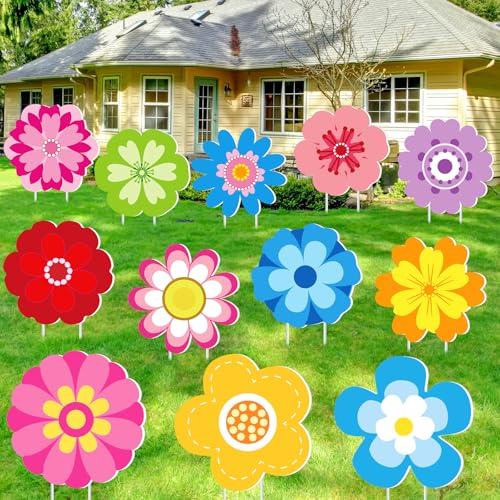 Amyhill 12 Pcs Spring Flower Yard Signs Decoration for Outdoor Floral Garden Lawn Signs with Stakes Waterproof Hello Spring Decor for Easter Festive Holiday Party Patio Lawn Walkway Decorations