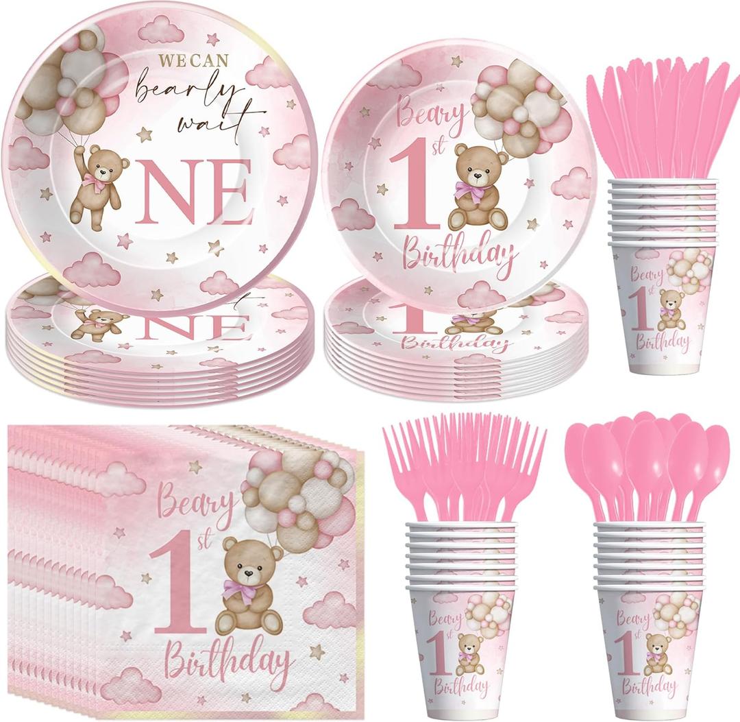 Bear 1st Birthday Plates and Napkins Party Decorations Girl Tableware, Pink Teddy Bear Theme We Can Bearly Wait One Party Supplies, First Birthday Paper Plate, Cup, Napkin, Cutlery, Serves 24