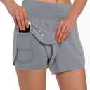 Ksmien Women's 2 in 1 Running Shorts - Lightweight Athletic Workout Gym Yoga Shorts Liner with Phone Pockets, X-Large, Light Grey