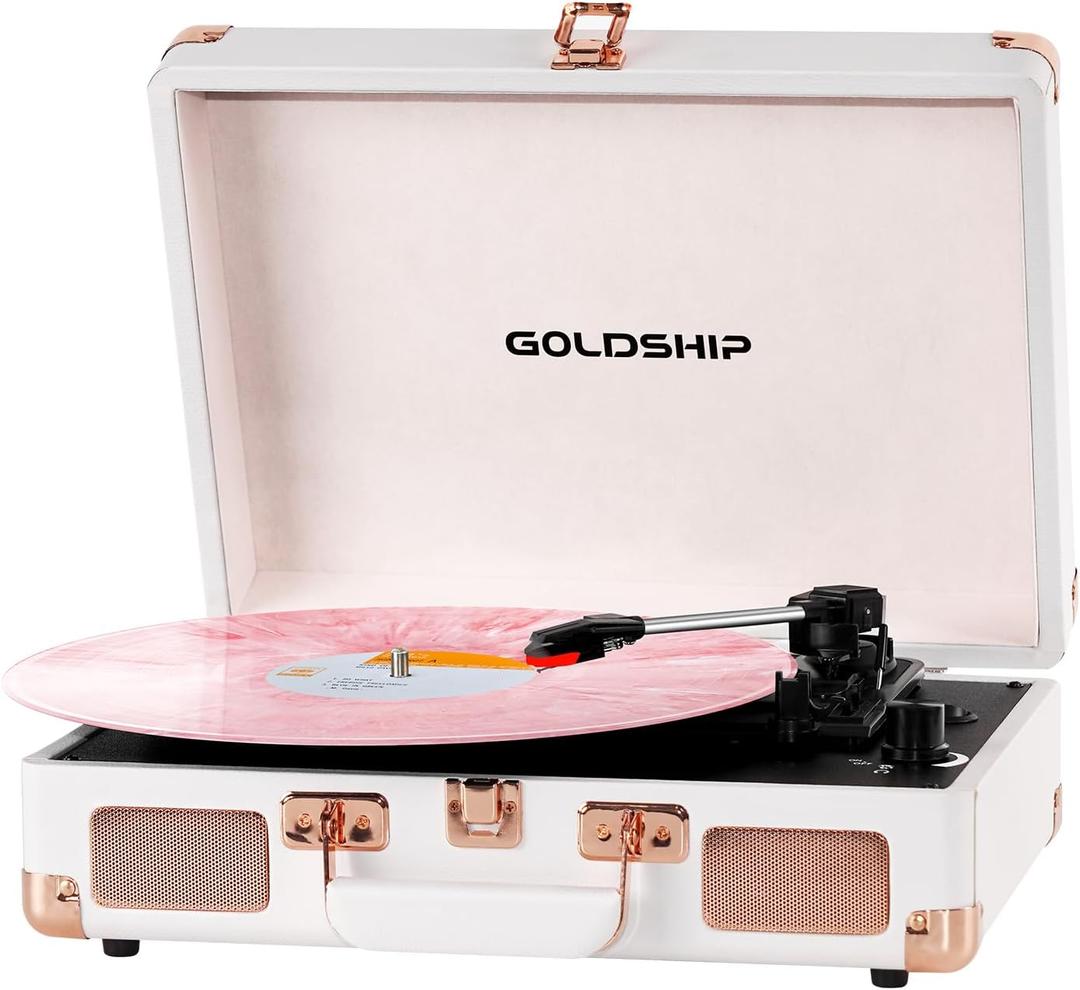 Portable Record Player 3-Speed Turntable Vintage Suitcase with Bluetooth, Built in Battery,3.5 mm Headphone Jack, RCA & Aux Ports for Outdoor (Rose)