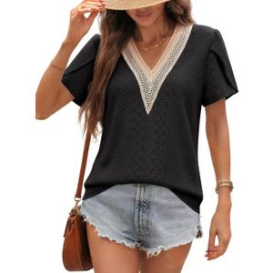 siliteelon Womens Blouses Boho Lace V Neck Short Sleeve Eyelet Shirts Summer Dressy Casual Beach Vacation Tops (Black)