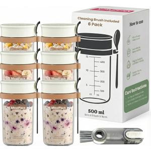 Overnight Oats Containers with Lids and Spoons  17oz Glass Jars for Yogurt, Chia Pudding & Meal Prep  Leakproof Airtight Mason Jar Set  Portable Breakfast Food Storage with Cleaning Brush