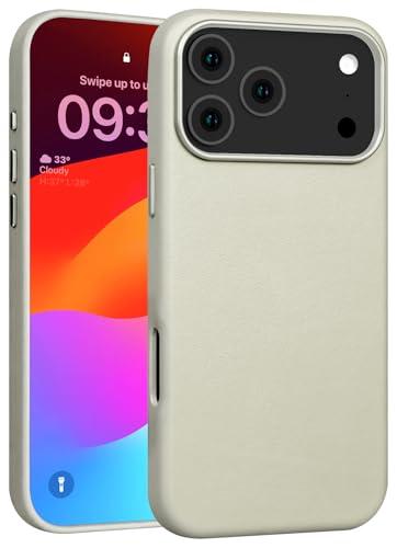 Rumwot for iPhone 17 Pro Max Leather Case Compatible with Magsafe, Top Grain Leather, Professional Slim Fit Shockproof, Metal Buttons & Camera Bump Frame Phone Protective Magnetic Cover - Gray White