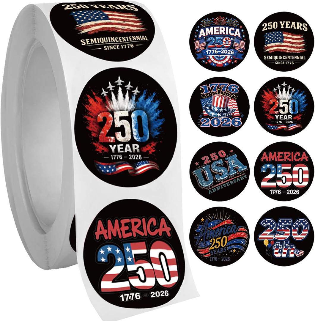 500 Pcs USA 250th Anniversary Independence Day Sticker Roll for 2026 4th of July Party Decorative Stickers 1 Inch 8 Styles 250th Patriotic Design Self-Adhesive American Flag for Party Gift Decor