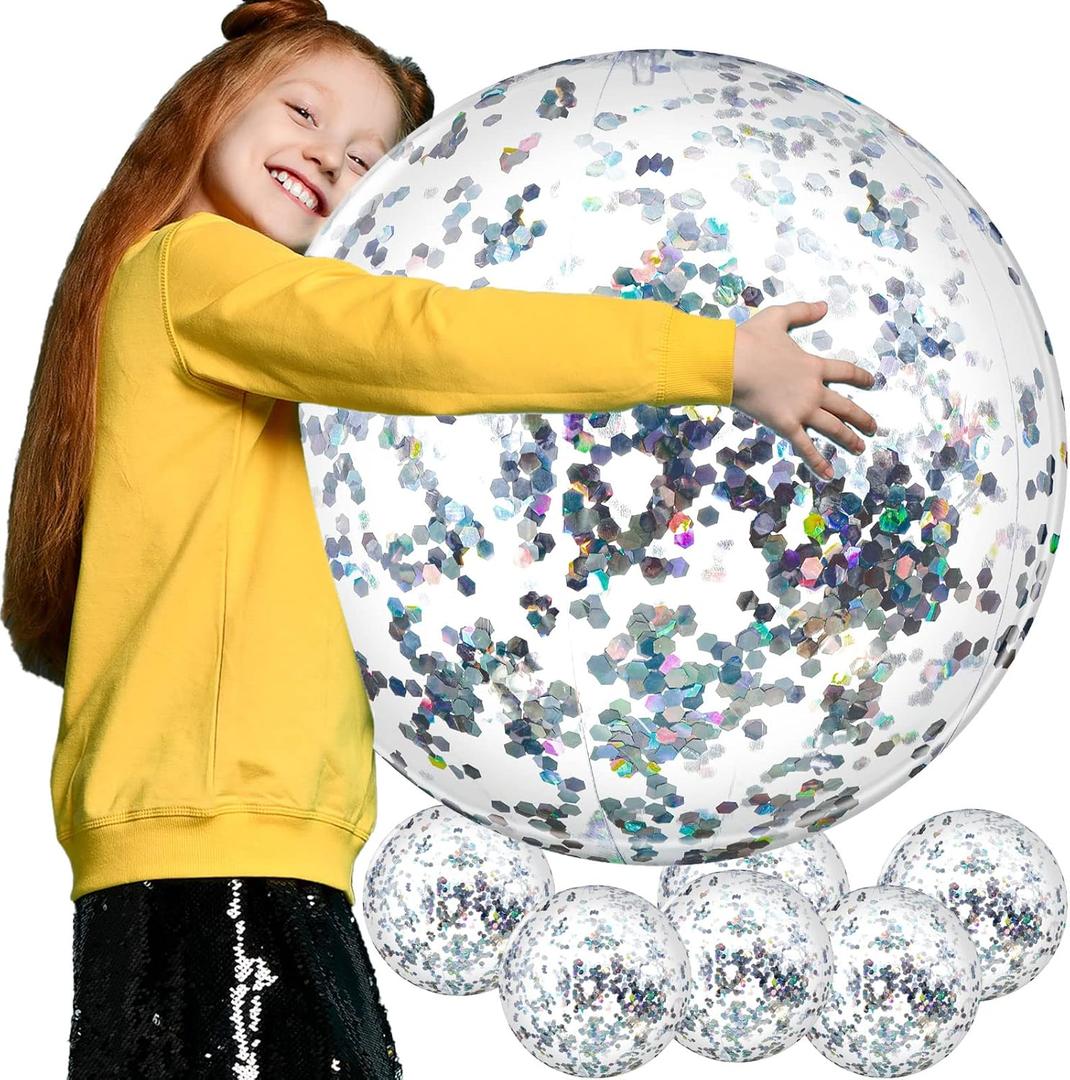 Civaner 6 Pcs Summer Silver Inflatable Glitter Beach Balls 24 Inch Large Sparkly Confetti Pool Balls Clear Floatable Blow up Swimming Water Balloon Toys for Wedding Baby Shower Birthday Party Favor