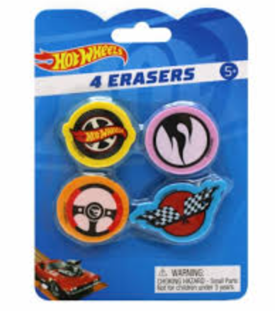 Hot Wheels Erasers, 4 Counts, 7 Packs