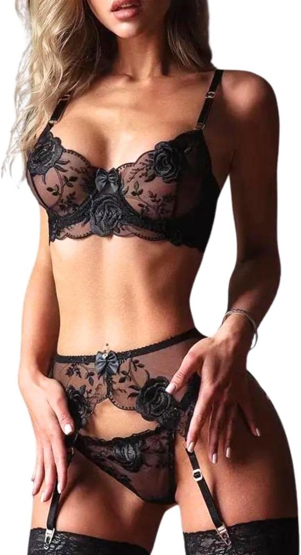 Women Sexy Lace Floral Embroidery Garter Lingerie Set 3 Piece Push Up Underwire Mesh Bra and Panty Babydoll Outfit (Small)