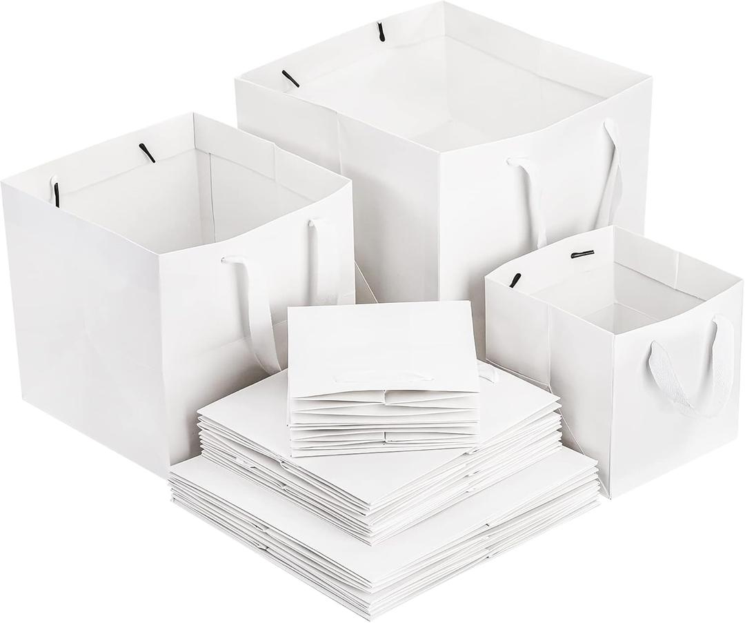 Yesland 30 Pack White Kraft Bags with Ribbon Handles, 3 Sizes Paper Gift Wrap and Shopping Bag, Reusable Square Large Retail Business Packaging Bags for Goodie Party Wedding Present(10'', 8'', 6'')