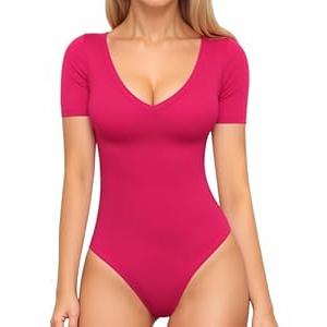 MANGOPOP Short Sleeve V Neck Bodysuits for Women, Sexy Fitted Top with Snap Closure(Rose Pink, X-X-Small)