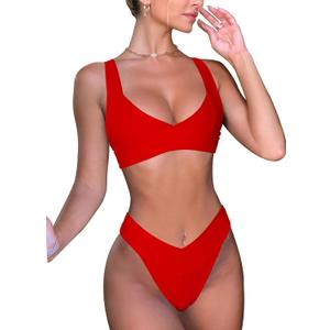 Sexy Bikini Sets for Women V Cut Cheeky Thong Bottom V Neck Adjustable Straps Swimsuit 2 Pieces Bathing Suit, Medium