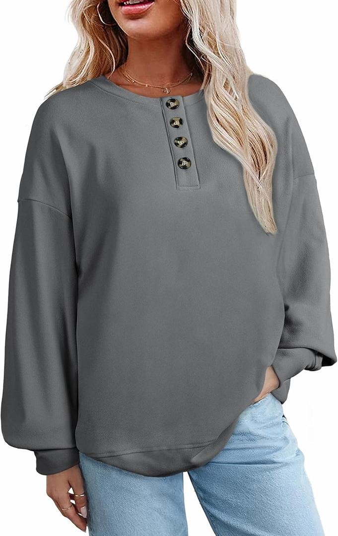 AlvaQ Womens Oversized Sweatshirts Plus Size Casual Loose Long Sleeve Button Up Henley Tops (Gray, XXXL)