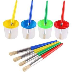 DIYASY 4 Pcs Kids No Spill Paint Cups and 4 Round Paint Brushes 4 Colors Spill Proof Paint Cups for Children Art Class and Home.